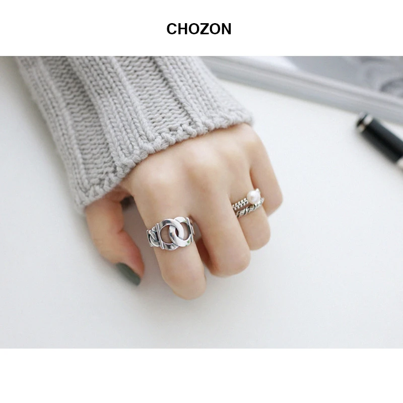 

Korean version s925 sterling silver ring personality retro leather lock double U-shaped ring knitting ring women's index finger