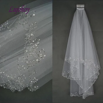 

Short White or Ivory Wedding Veil with Comb Pearl Two Layer Bride Bridal Veil