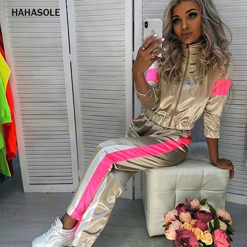 HAHASOLE Sportswear Fashion Splice Women Two Pieces Sport Suit Set Zipper Yoga Set Elastic Drawstring Pants Tracksuits HWA4229-4