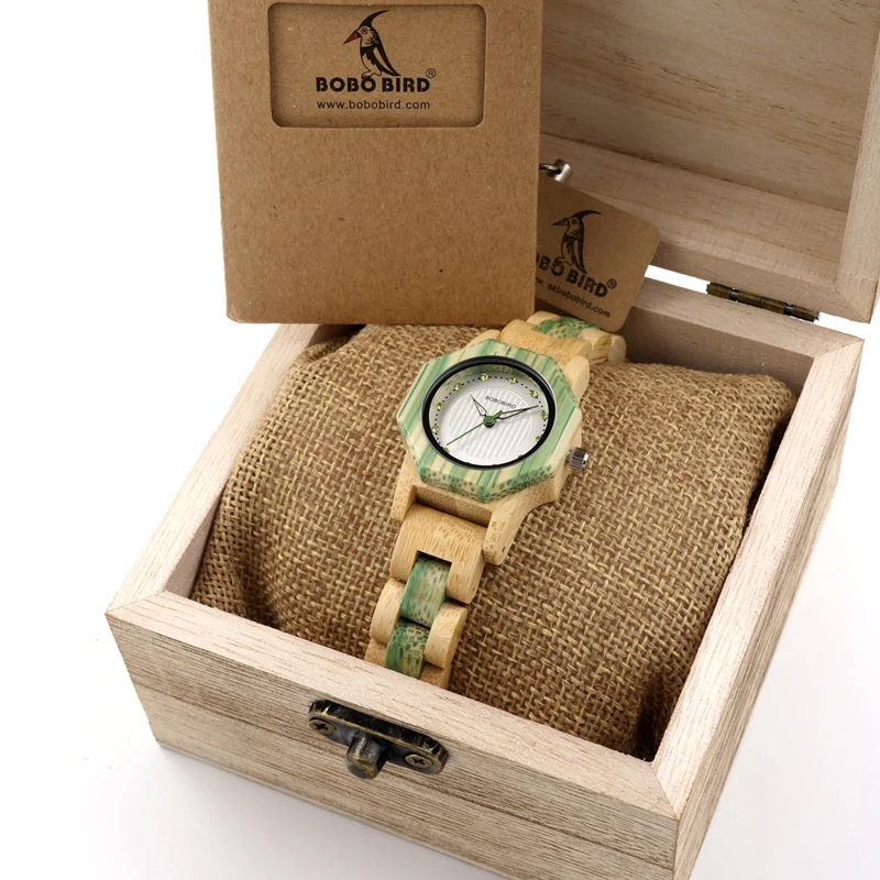 BOBO BIRD O10 Bamboo Women Watches Crystal Dial Ladies Quartz Dress Watch in Wooden Box