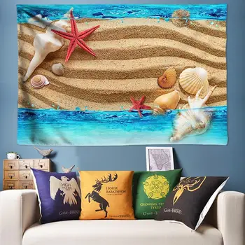 

Blue Seawater Sand Painting Beach Tapestry Mandala 3D Wall Tapestry Conch Starfish Hippie Tapestry Boho Psychedelic Tapestries