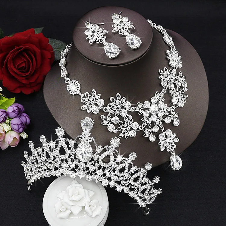   Cristal Conjunto De Jóias de Noiva Gota de Lágrima Strass Luxuoso Declaração Bib ColarBrincoacessórios do casamento Tiara  (5)