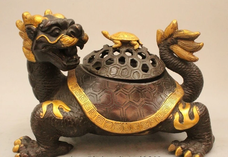 

6" Chinese Fengshui Purple Bronze Gild Dragon turtle Beast Incenser Burner Cense