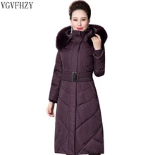 Женское зимнее пальто, новинка, с капюшоном, натуральный Лисий мех, воротник, Толстая теплая Длинная женская куртка, длинный рукав, белый утиный пух, пальто