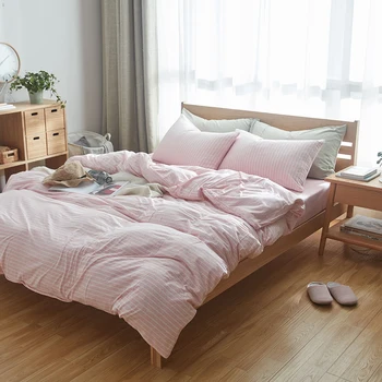 

100% Cotton bedding set light pink with white striped duvet doona covers Queen Double King Size fitted bed sheet girls bedlinen