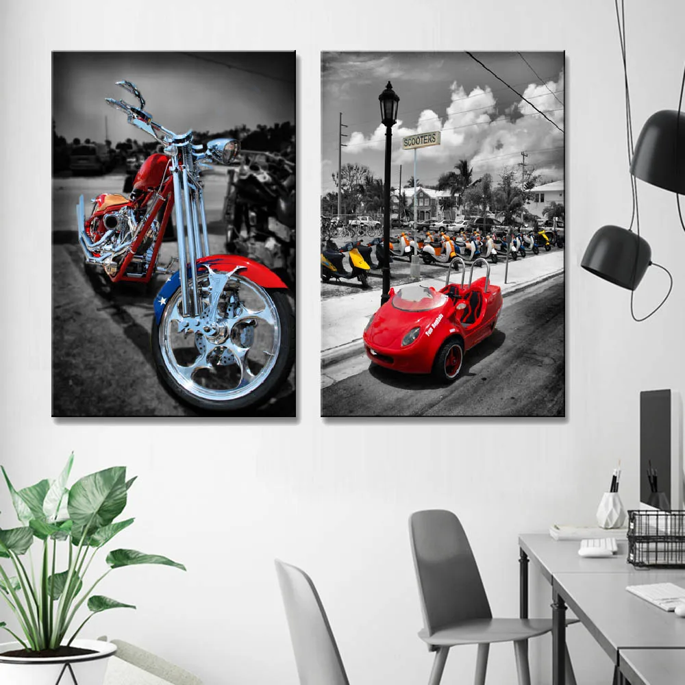 

2 Pcs/Set Red Motorcycle and Car Posters Transportation Wall Painting Print on Canvas Modern Landscape Artwork Picture for Decor