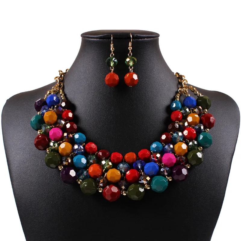 Full Colorful Bead Multi Layer Short Necklace Earrings Sets For Women Bohemian Style Wedding Romantic Beads Party Jewelry Set