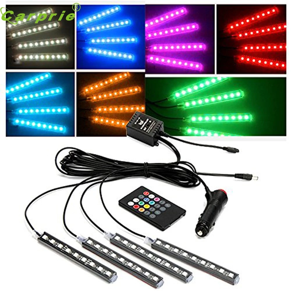 

New Arrival 4x 9LED Remote Control Colorful RGB Car Interior Floor Atmosphere Light Strip st10