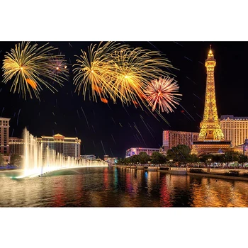 

Night City View Eiffel Tower Backdrop Photography Colorful Fireworks Fountain Wedding Kids Party Themed Photo Booth Backgrounds