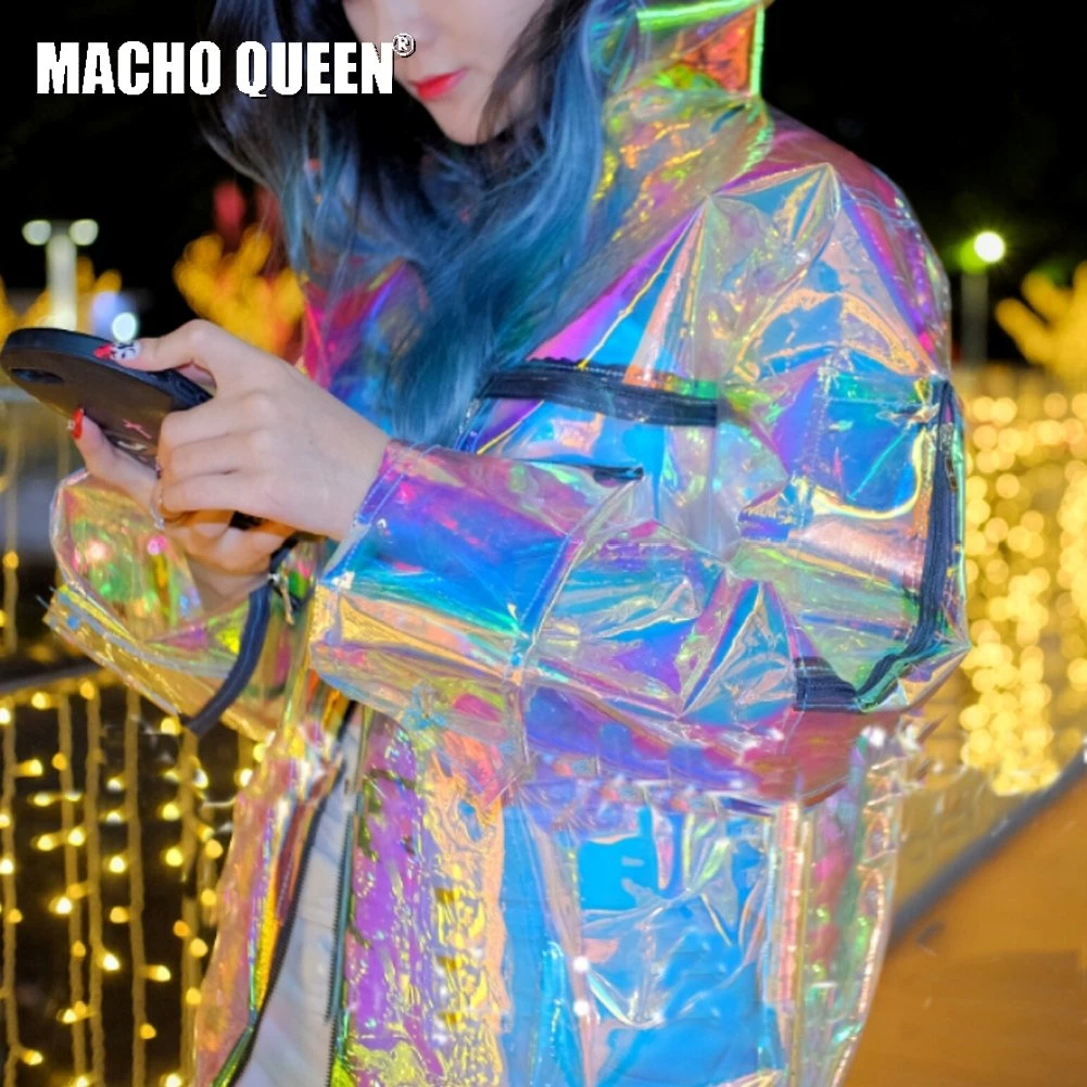 S//M Womens Mens Holographic SILVER Metallic Bomber Jacket Summer Festivals Rave