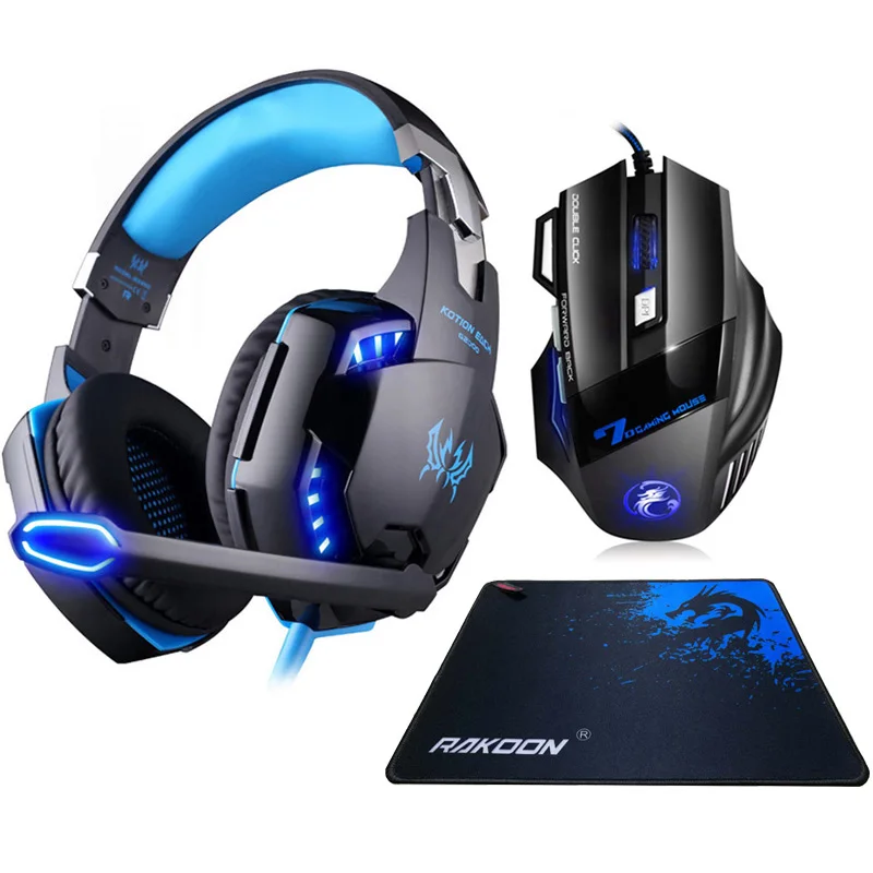 cheap Kotion EACH Gaming Headset Stereo Deep Bass Headphone with Mic LED Light+5500DPI Optical Pro Gaming Mouse+Mouse pad for PC Game