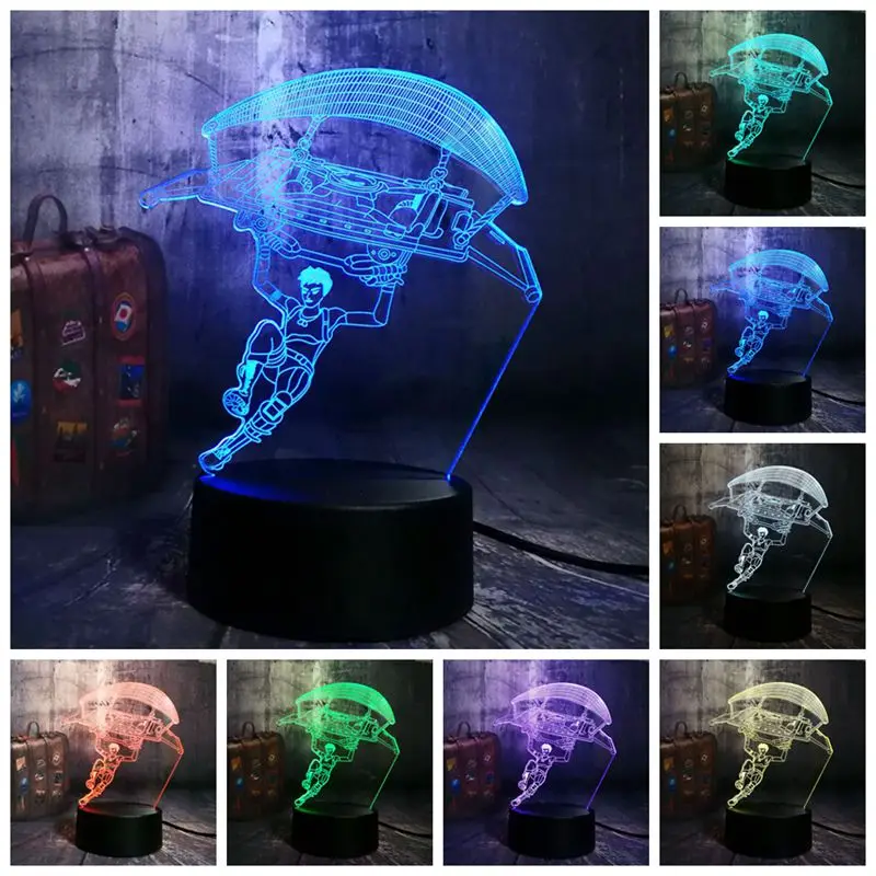 

Figurine Fortnight Paradrop Boy Model 3D Illusion Led Lamp 7 Colors Changing Nightlight Battle Royale Fortress Figure Toy