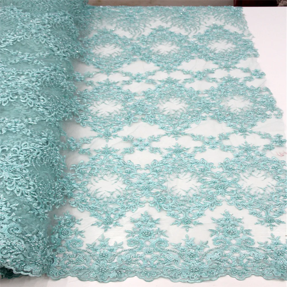 

2018 Latest style French Tulle lace fabric with beads with High quality Latest Nigerian beaded mesh lace fabric HX485-2
