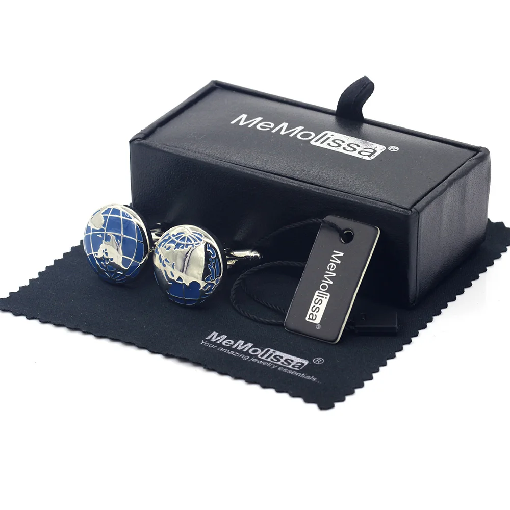 

MeMolissa Display Box Cufflinks Earth Cufflinks Western Hemisphere Pattern Mens Cufflinks Silver with Blue Free Tag & Wipe Cloth