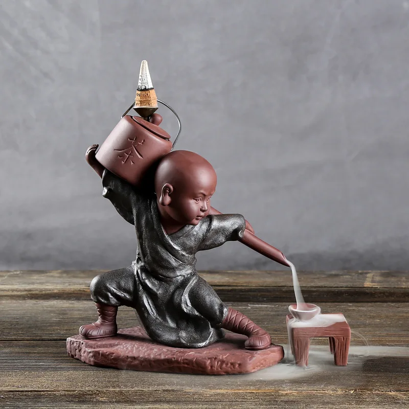 

Creative Dehua Ceramic Purple Clay Kung Fu Monk Tea Pot Back Flow Incense Burner Tea Room Art Decorative Ornaments Friend Gifts