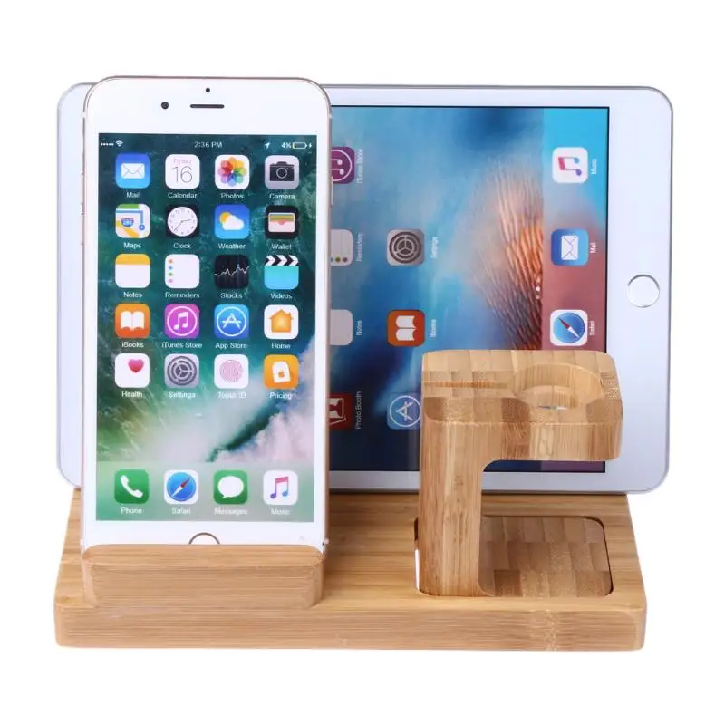  3 IN 1 Docking Station Bamboo Wood Charge Holder Docking Station Bracket phone stand bracket For Ap
