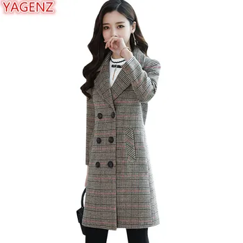 

YAGENZ Casual Plaid Wool Coat Womens Long Windbreaker Jacket Spring Autumn Jackets Women Clothes Woolen Tops Double-breasted 546
