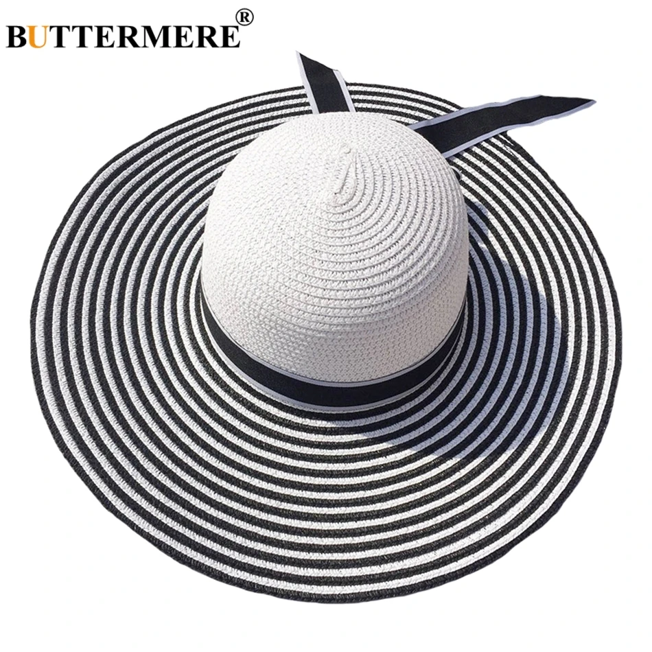 

BUTTERMERE Hepburn Wide Brim Ladies Sun Hat Straw Women Summer Striped Bowknot Female Beach Casual Black And White Straw Hat