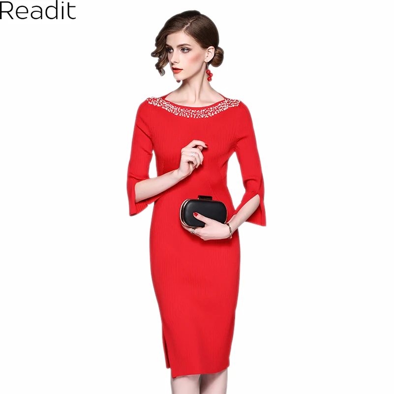 Readit Bodycon Dress 2017 Autumn Pure Color O neck Nail Bead Knitted Dress Slim Dress Open
