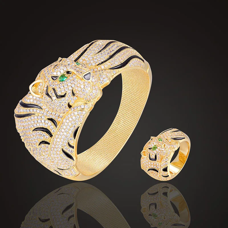 Theresa ювелирный набор браслет с кольцами животное тигр AAA кубические вставки из циркония установка Гипербола браслет бижутерия произведение искусства - Окраска металла: Gold Plated