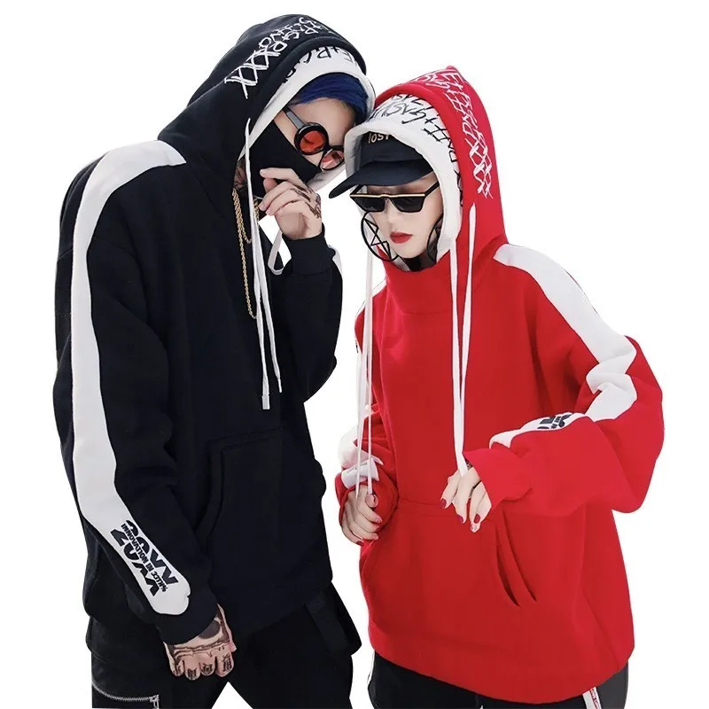 

Men Women Couples Hoodies Fashion Harajuku Loose Hoody Tops With 2 Caps Letters Print Hip Hop High Street Wear Oversize Pullover