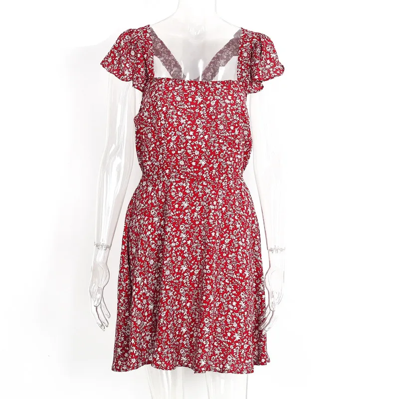 Backless navy floral print short dress Women back strap high waist summer dress Vintage red boho beach dress vestidos11