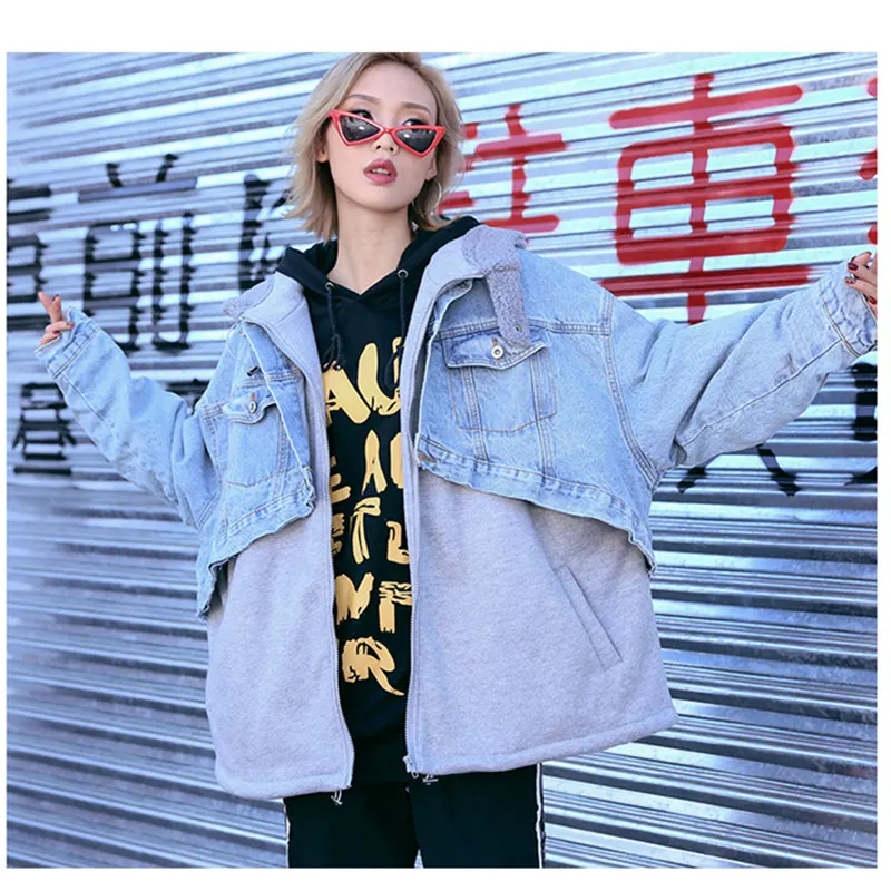 Manteau Faux gray Veste Pièces Black Plus Automne À Capuchon Épaissir La Velours Hiver Agneaux Femmes Denim Chaud Parka Couture Deux Le Taille pg6wvq4