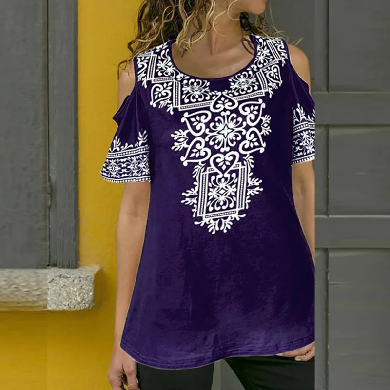 

Cold Shoulder Folk Printed Shirt Women Plus Size 5XL Short Sleeve O-Neck Blouse Womens Tops 2019 Summer Sexy ShirtS Female