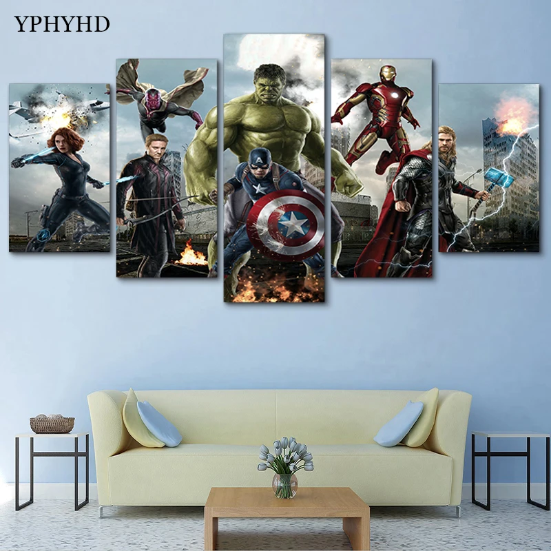 

YPHYHD Modern 5 Piece The Avengers Canvas Painting Print Poster Wall Art Canvas Painting with Frame Movie Paintings on Canvas