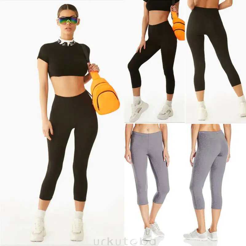 

Womens High Waist 3/4 Length Leggings Capri Cropped Summer Yoga Fitness Running Gym Sport Exercise Pants High Quality