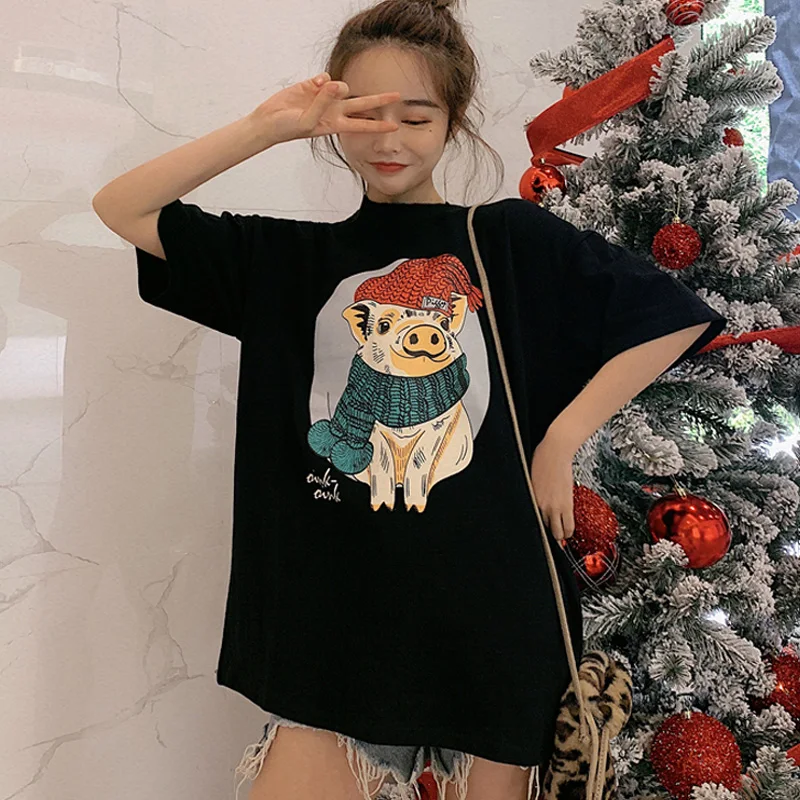 

harajuku Women Oversize T shirt ulzzang Loose 95% cotton T-shirts cartoon pig Print Female Funny tshirt Korean Girls black tops