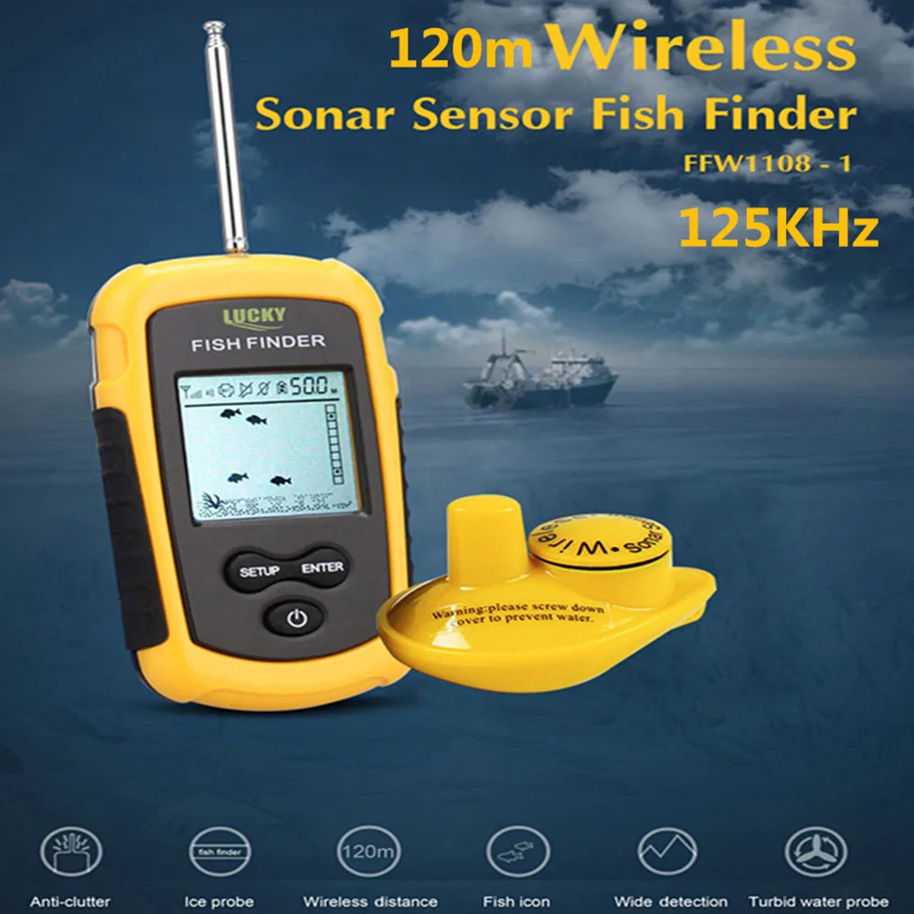 محظوظ FFW1108-1 120 m اللاسلكية صياد السمك سونار الاستشعار محول صدى أسلم كشاف جهاز الإنذار ل الصيد 125 kHz صياد السمك s