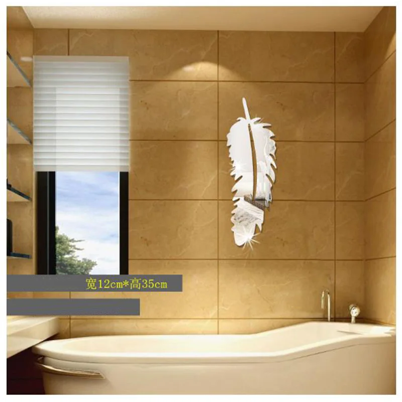 Акриловое декоративное зеркало, настенные наклейки для ванной комнаты, трехмерная паста, перья, Монолитное 3D Зеркало для спальни, гостиной