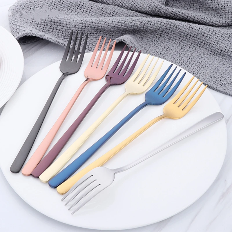 

Stainless steel fork Korean colorful dessert fork long handle gold blue black fork set hotel party