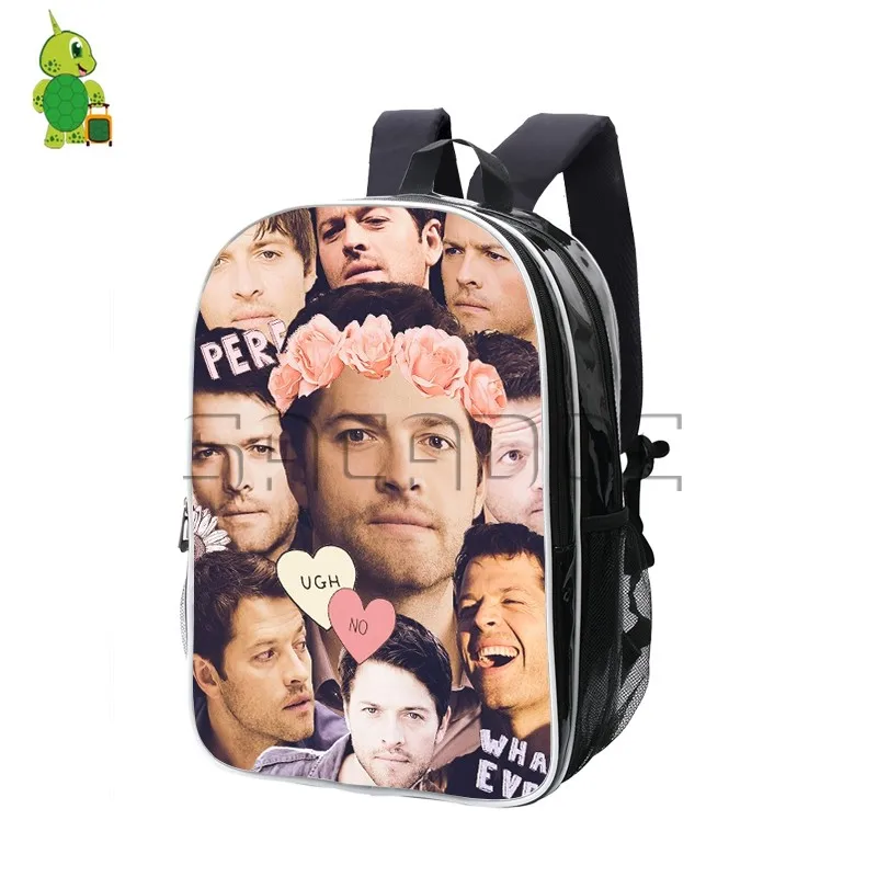 

Supernatural Castiel Misha Collins Overlay Backpack Men Women Pu Leather Backpacks School Bags College Students Laptop Backpack