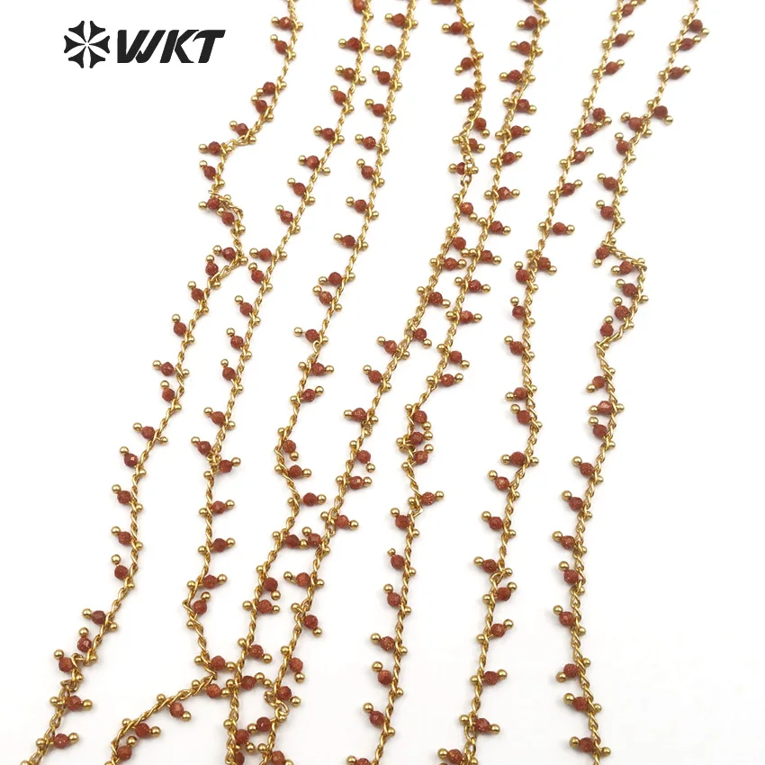 

WT-RBC085 Wonderful 10 meters gold sand dangling rosary beads chain gold metal plated brass wire wrapped reddish brown color