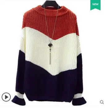 

Thick yarn pullover sweater female 2020 spring and autumn loose sweater stripe thickening autumn and winter color block