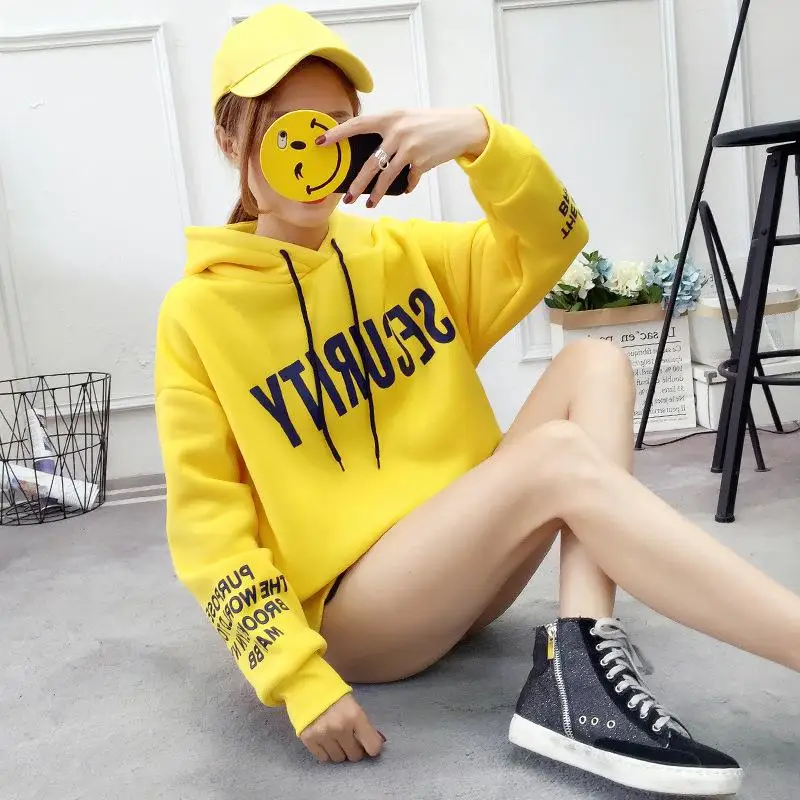 yellow Женский топ свободный с капюшоном повседневные женские толстовки зимние Утепленные плюс бархатные теплые толстовки с длинными рукавами - Цвет: yellow