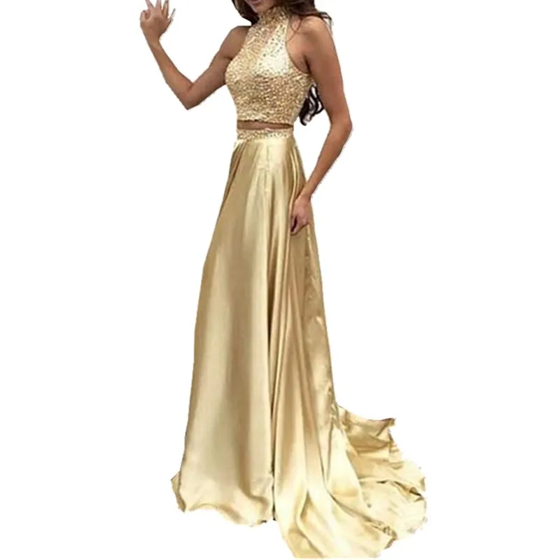

Two Piece Evening Dress 2016 Abendkleid Gold Satin Robe de soiree Long A Line Formal Dresses for Women Beading Gowns