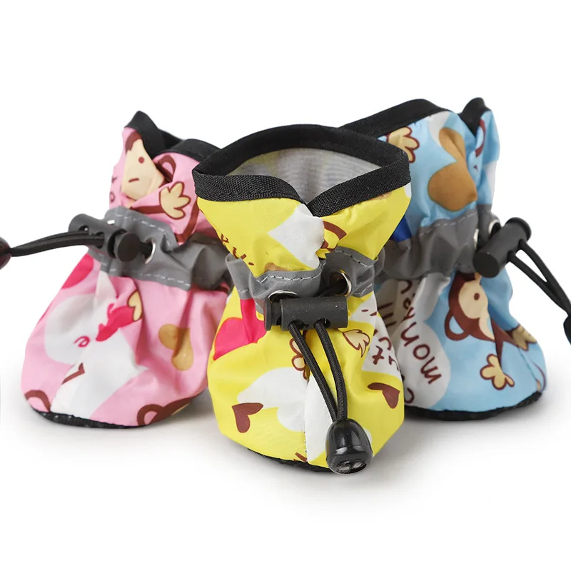 

4pcs/set Waterproof Dog Shoes Cute Monkey Printed Pet Puppy Rain Shoes Safety Reflective Small Dog Boots with Adjustable Strap