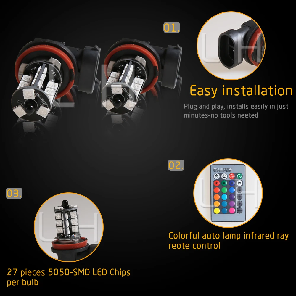 2 шт. H11 RGB светодиодный автомобильный головной светильник 5050 27 SMD противотуманный
