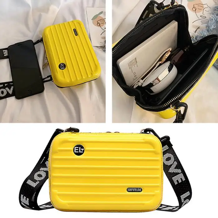 Women Mini Suitcase Shape Crossbody Bag Shoulder Bag with Wide Letter Strap FA$3