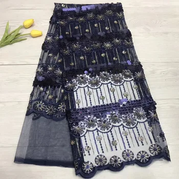 

2018 Latest French Nigerian Laces Fabrics 3 D Sequins Tulle African Lace Fabric Royal Blue Wedding African French Tulle Lace