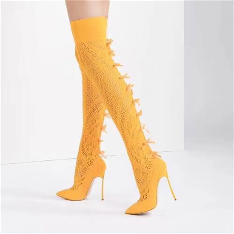 

2019 Newest Women Lace Over The Knee Stretch Boots Sexy Pointy Toe Blade Heel Boots Sexy Bow Back Ladies Fashio Slip On Boots