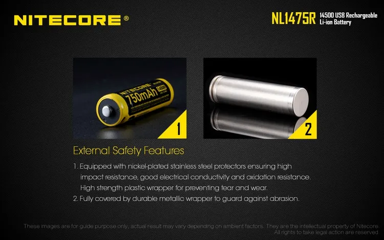 NITECORE NL1475R 750mAh14500 высокопроизводительная литий-ионная аккумуляторная батарея Micro-USB 3,6 V 2.7Wh верхняя защищенная батарея с кнопкой