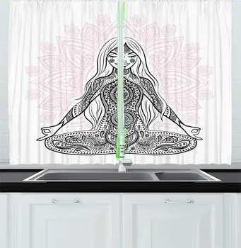 

Chakra Curtains Ornate Girl Figure on Lotus Eastern Symbols on Body Mind Calming Concept Window Decor Panels Set Cafe Pink