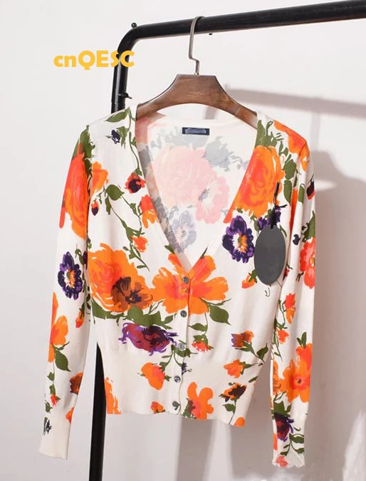 Orange flowers print Women Autumn Spring summer Knitted Cardigan Coat