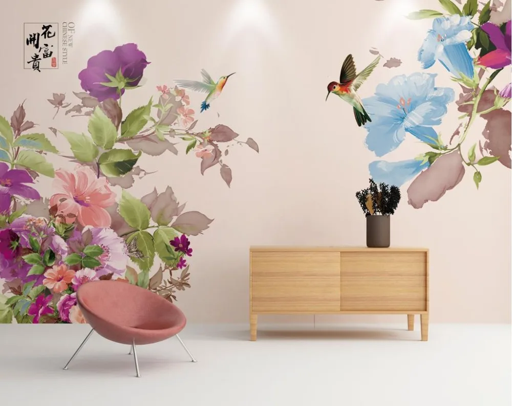 Kustom Singkat Mode Vinyl Wallpaper Bunga Dan Burung Gaya Cina 3D