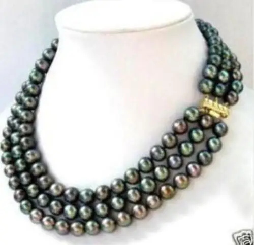 

3 row 7-8MM Black akoya Pearl Necklace 17-19" ^^^@^Noble style Natural Fine jewe FREE SHIPPING