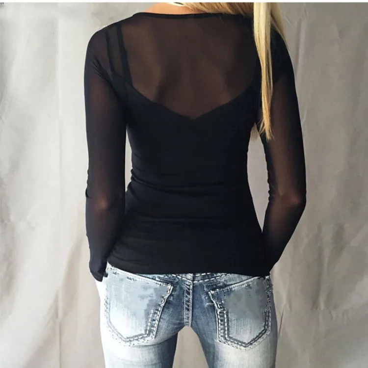 Fashion Ladies Spring Plus Size Slim T Shirts Sexy Club Patchwork Mesh Lace Thin Solid TeesT